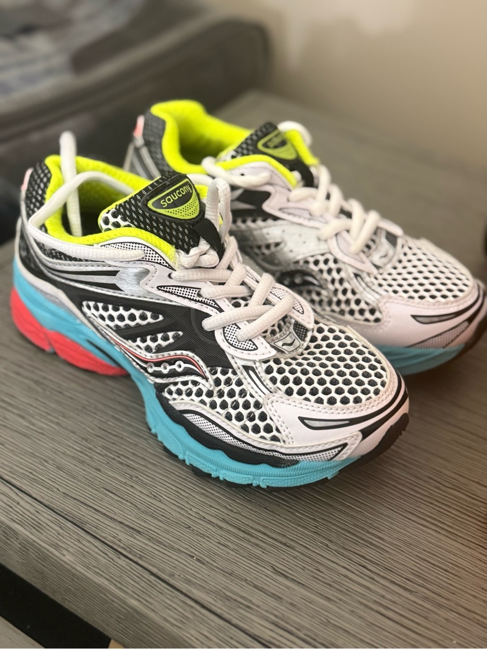 Saucony Kids White Black Teal Coral Neon Running Sneakers